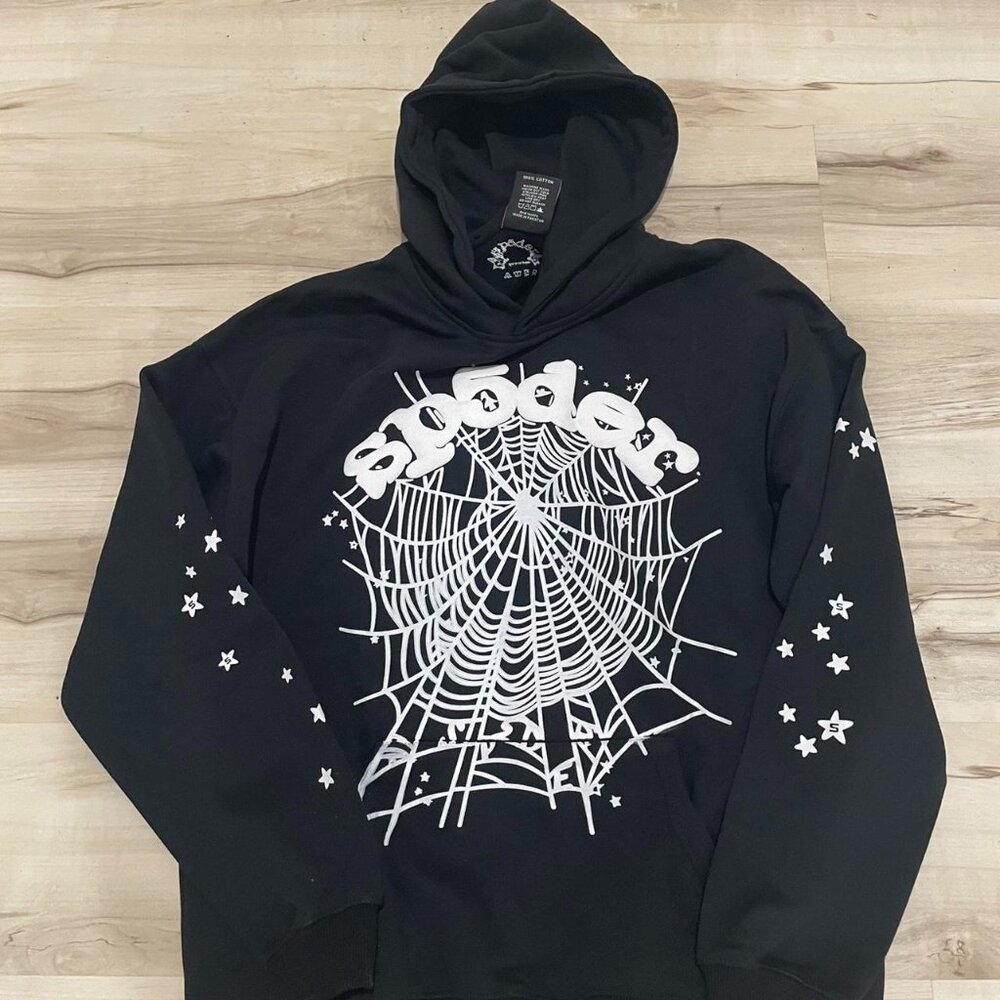 Sp5der Men’s OG Web Hoodie – Black & White Streetwear Pullover